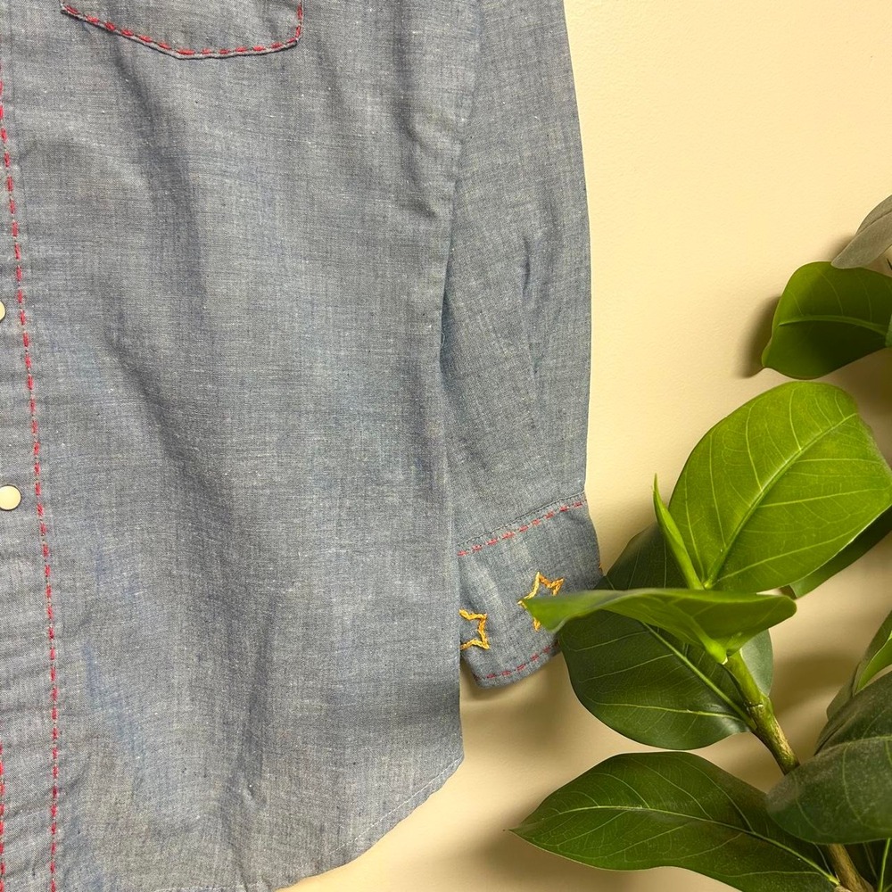 Vintage 80s Wrangler Embroidered Denim Pearl Snap Western Shirt Mens M - Picture 3 of 7